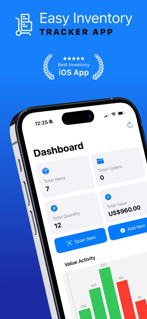 Easy Inventory Tracker app dashboard showing total items quantity and inventory value analytics