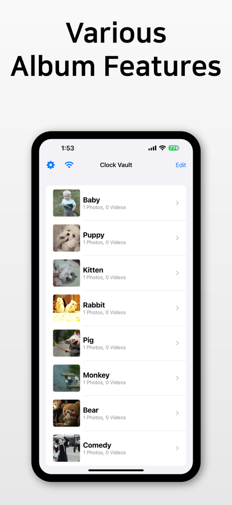 Clock Vault - My Secret Album! - Interface of Clock Vault app showing various organized private photo albums