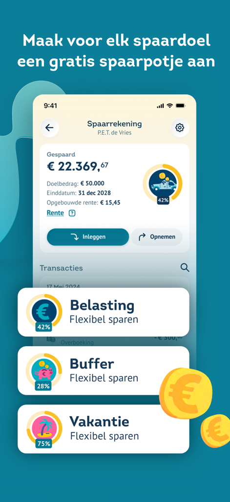 Knab Bankieren - Knab banking app screen showing multiple personalized savings pots and progress bars for different financial goals