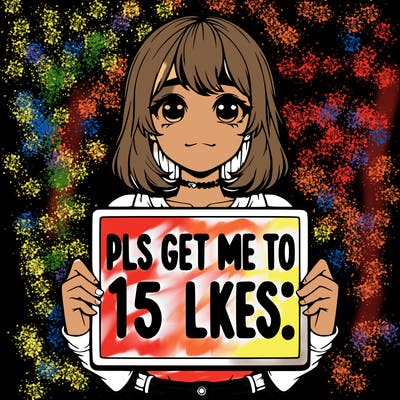 realistic girl holding up a sign that says “pls get me to 15 likes!”