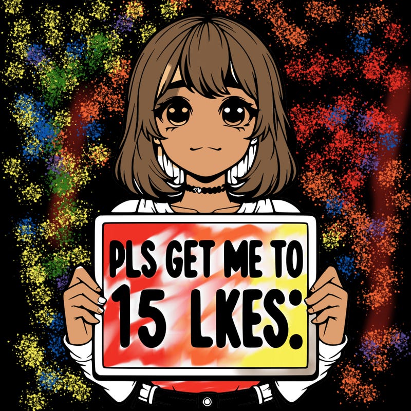 realistic girl holding up a sign that says “pls get me to 15 likes!”