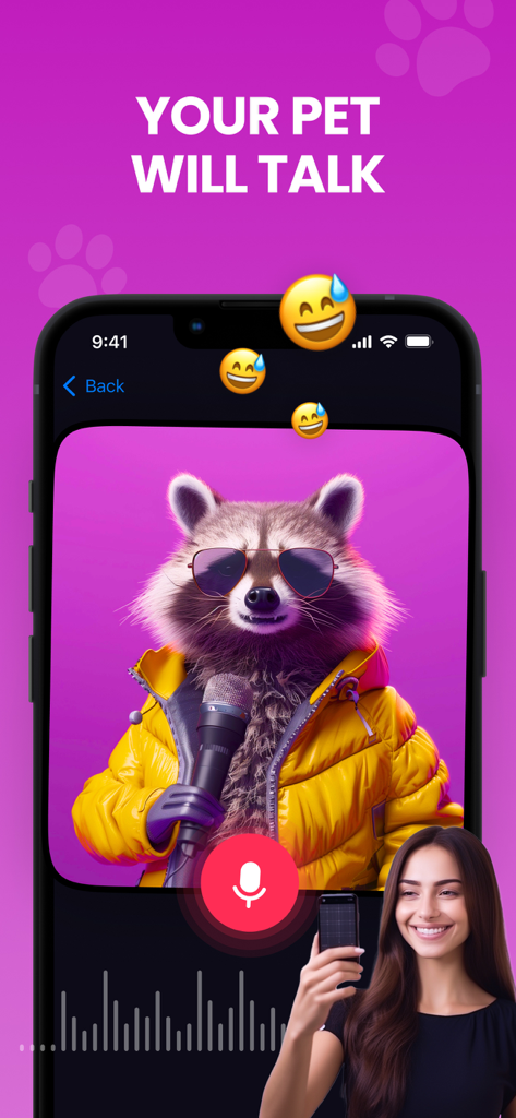 Talking Pet AI: Cat & Dog Talk - Um guaxinim usando óculos de sol e uma jaqueta amarela cantando na interface do aplicativo Talking Pet AI