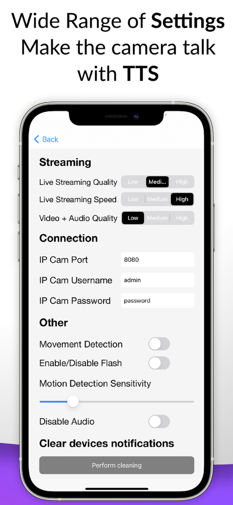 Phone IP Camera Surveillance - Phone IP Cameraアプリのさまざまなストリーミングおよびモーション検知設定を表示するインターフェース