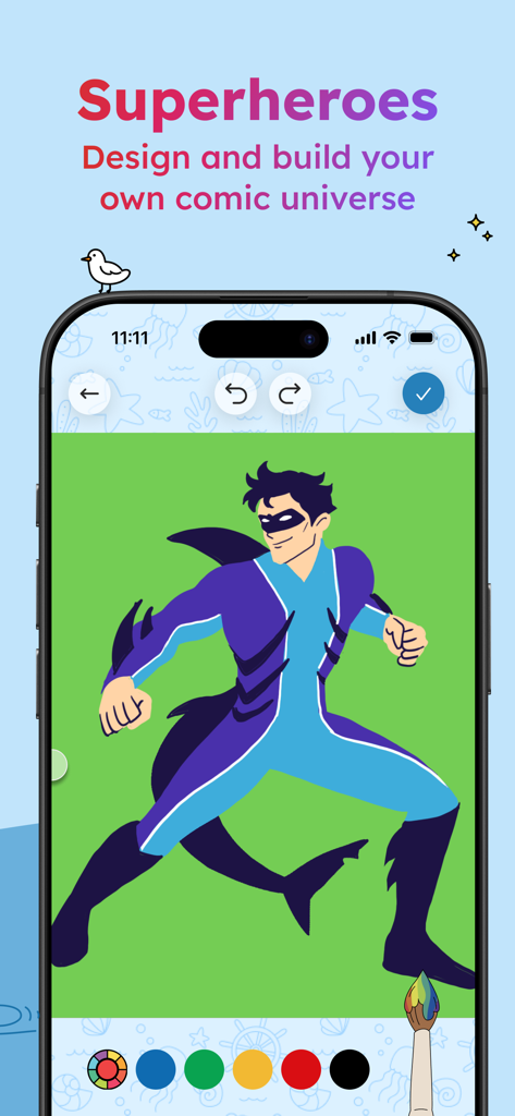 A child designing a shark themed superhero character in the Project Aqua Adobe for Kids app comic creator