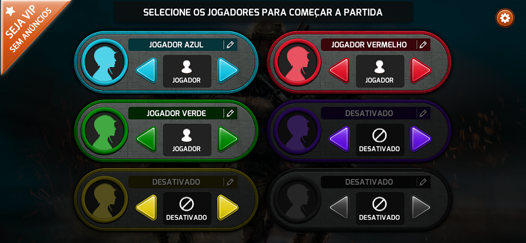 War - Grow - Interfaz de selección de jugador en War - Grow que muestra opciones de color para los jugadores azul, rojo y verde