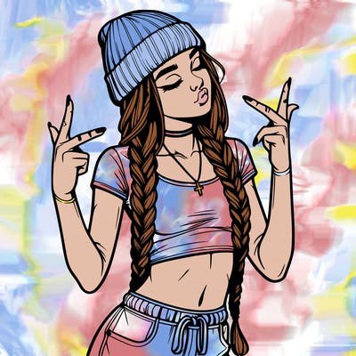 realistic teenage girl with braids and a beanie and crop top doing 🫶🏼
