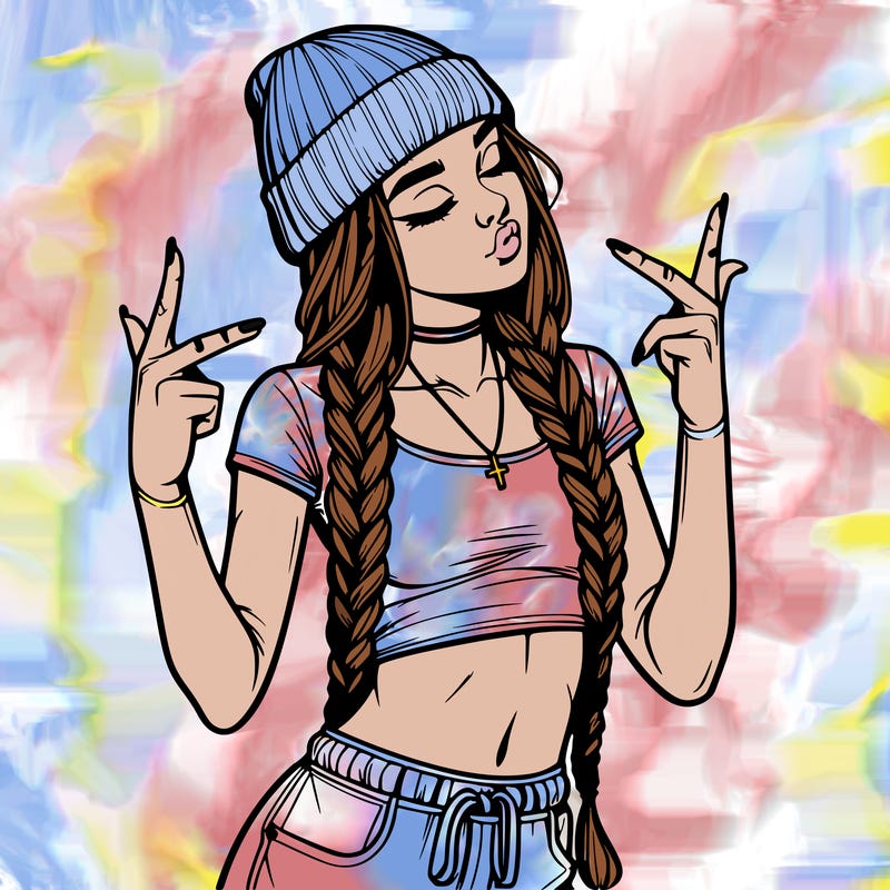 realistic teenage girl with braids and a beanie and crop top doing 🫶🏼