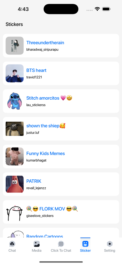 Chat Backup Restore - A library of animated stickers within the Chat Backup Restore app showing various character packs.