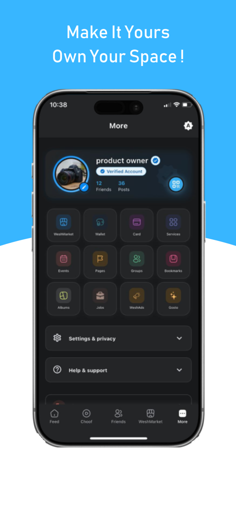 Wesh - Interface of the Wesh app showing the user profile settings and diverse community features including groups and marketplace.