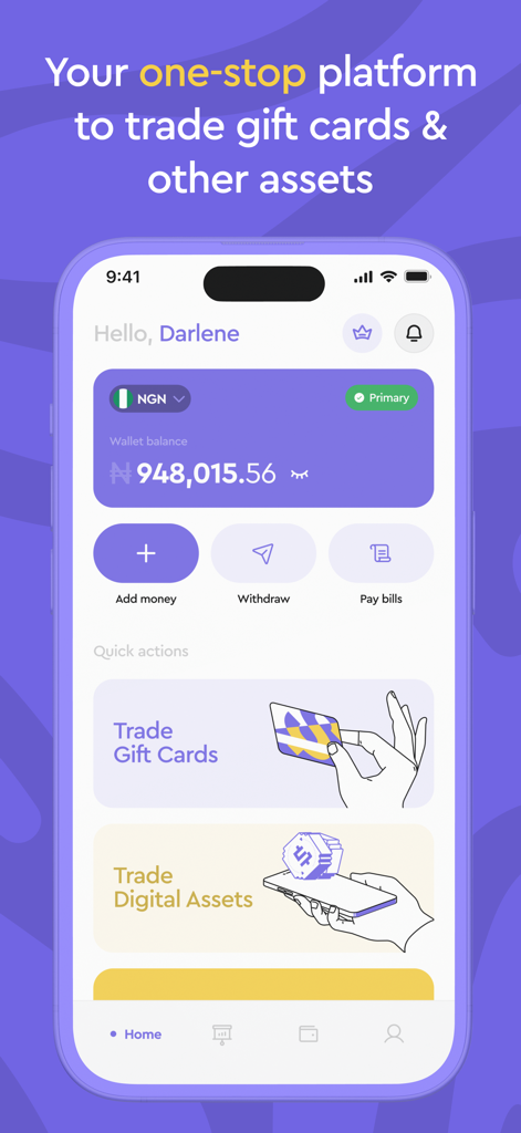 Ridima: Sell Gift Cards - Ridima app home screen showing NGN wallet balance and options to trade gift cards