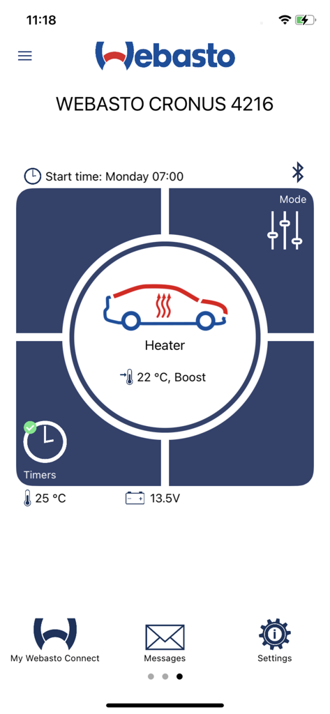ThermoConnect - Webasto ThermoConnectアプリのダッシュボード。車両パーキングヒーターを操作するためのものです。