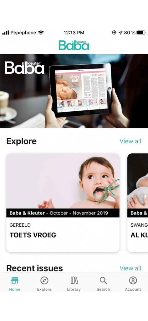 Home screen of the Baba and Kleuter parenting magazine app in Afrikaans
