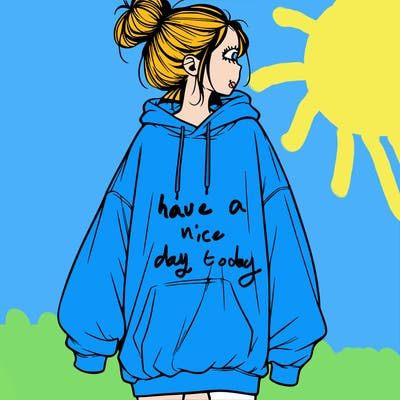 realistic girl with a oversized sweatshirt on and a bun