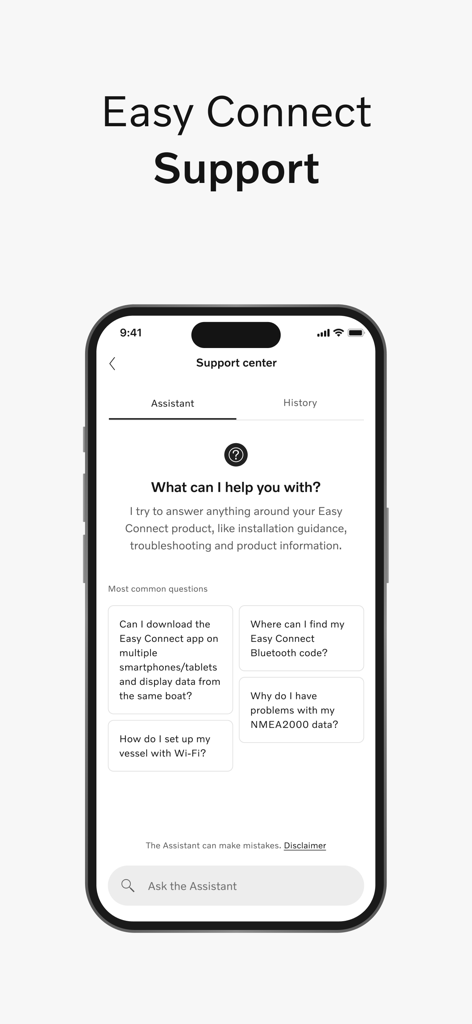 Volvo Penta Easy Connect support center screen featuring an AI assistant and FAQs