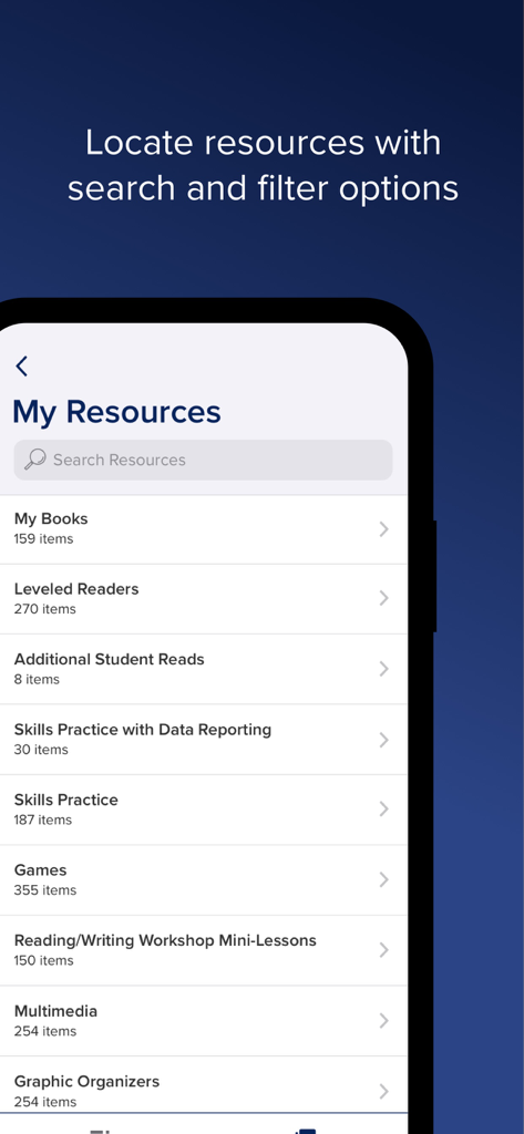 McGraw Hill K12ポータルアプリのインターフェース。「マイリソース」セクションに検索バーと教育カテゴリが表示されています。