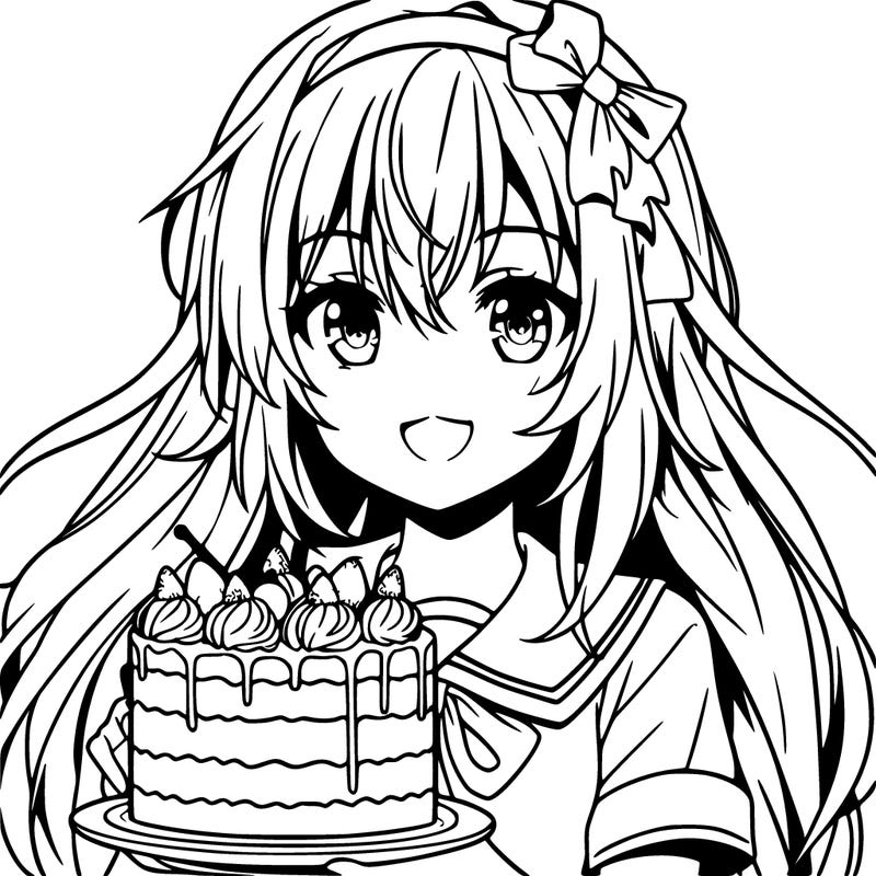 anime style girl with a cake