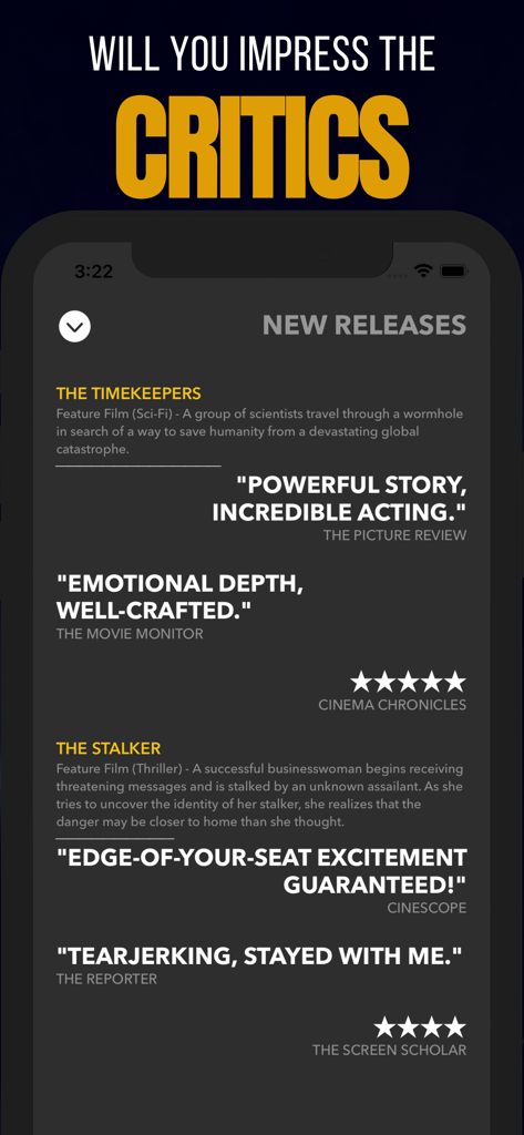 Screen showing movie reviews and star ratings from critics in Hollywood Movie Star Life Sim.