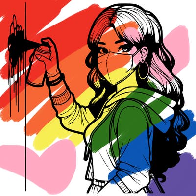 realistic girl with mask spray painting a wall