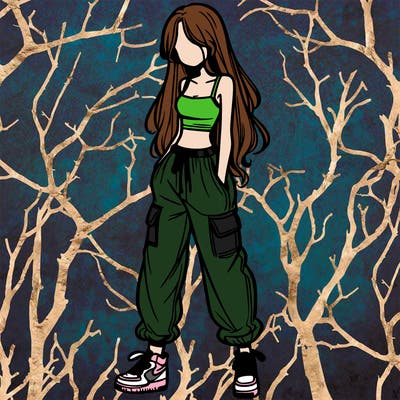 girl in baggy pants crop top and long hair