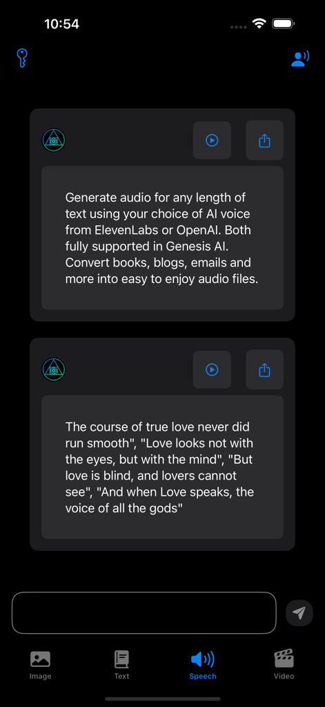 Interfaz de la aplicación Genesis AI mostrando funciones de generación de texto a voz con integración de ElevenLabs y OpenAI