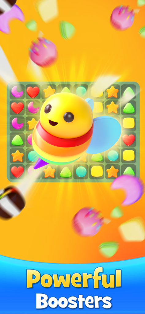 Um personagem colorido de abelha arco-íris aparecendo como um booster poderoso no jogo Cookie Jam match 3.