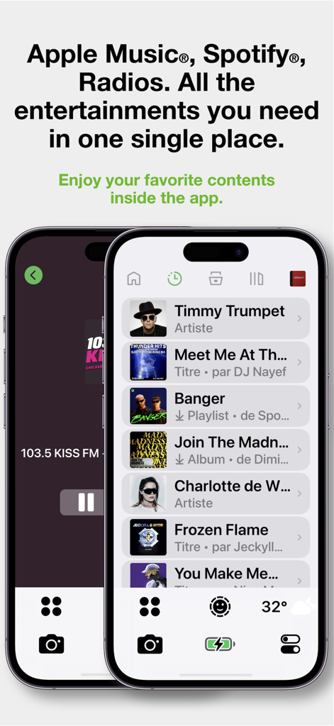 CarOS app interface showing integrated music and radio streaming features for safe driving.