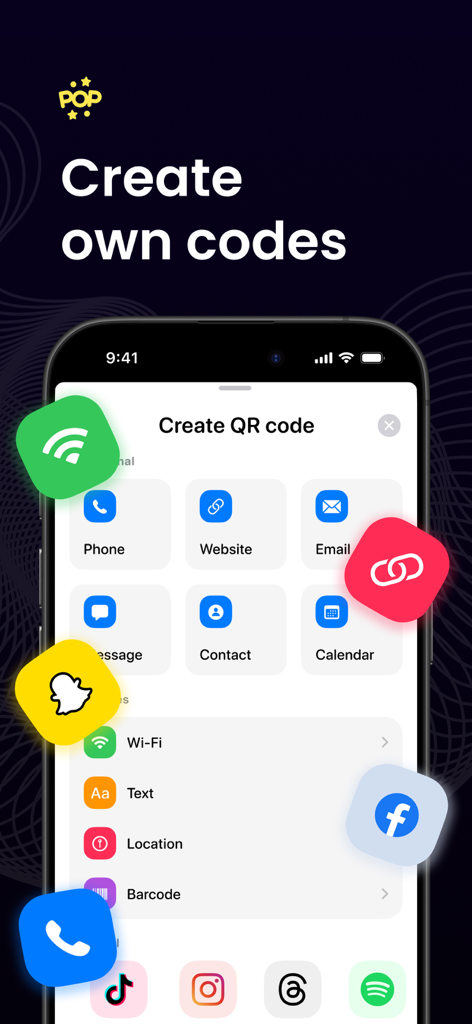 QR Code Reader · Barcode Maker - Mobile App-Menü zur Erstellung benutzerdefinierter QR-Codes für Websites, Kontakte und WLAN-Passwörter.