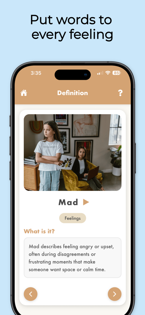 Kids Dictionary School Edition - A screen from the Kids Dictionary School Edition app showing the definition and a descriptive image for the word mad.
