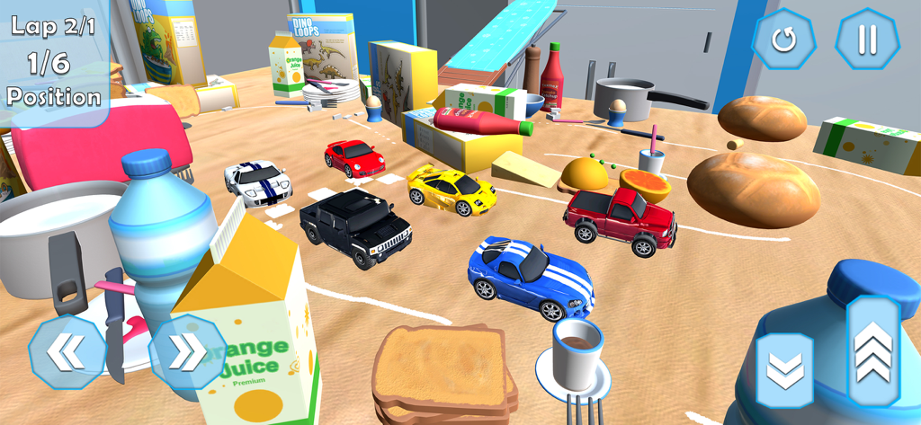 Car Racing: Car Stunt Game - Toy cars racing across a kitchen table breakfast track with orange juice and bread