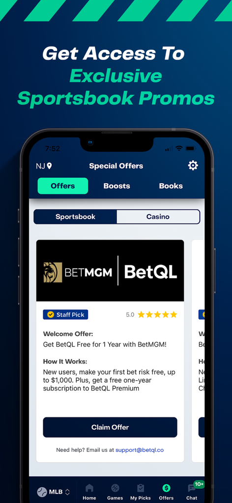 BetQL - Sports Betting - BetQL app screen displaying exclusive sportsbook promos and a special offer from BetMGM