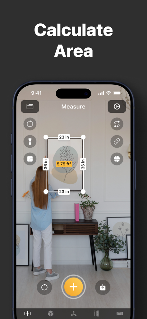 iPhone screen showing the AR area calculation feature of the Tape Measure app