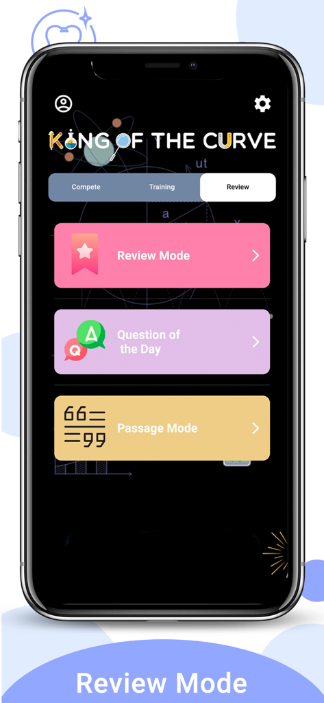 Menu d'examen de l'application Roi de la courbe DAT montrant les options pour le mode Examen, la Question du jour et le mode Passage
