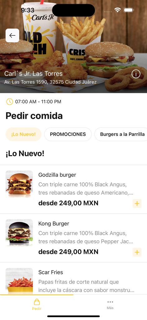 Carl's Jr. Chihuahua - Menú de la aplicación móvil de Carl's Jr. Chihuahua mostrando opciones de hamburguesas y precios para la ubicación de Las Torres en Ciudad Juarez.