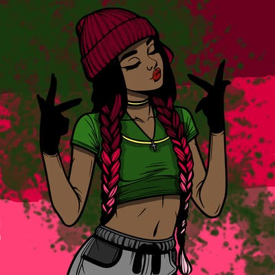 realistic teenage girl with braids and a beanie and crop top doing 🫶🏼
