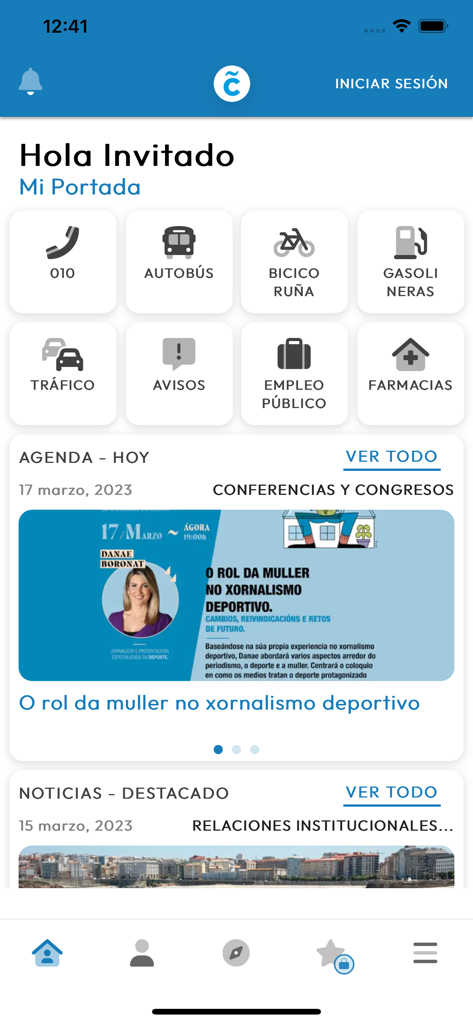 App Coruña - Painel principal do App Coruna com ícones de serviços municipais e notícias de eventos locais