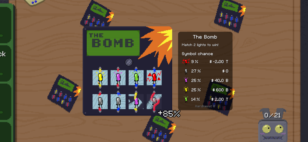 A digital scratch card called The Bomb in the pixel art game Scritchy Scratchy showing symbols and odds