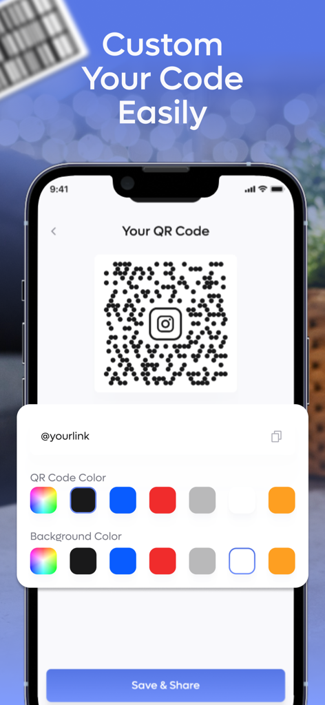 Mobile app interface showing how to customize a QR code with an Instagram logo and various color options.