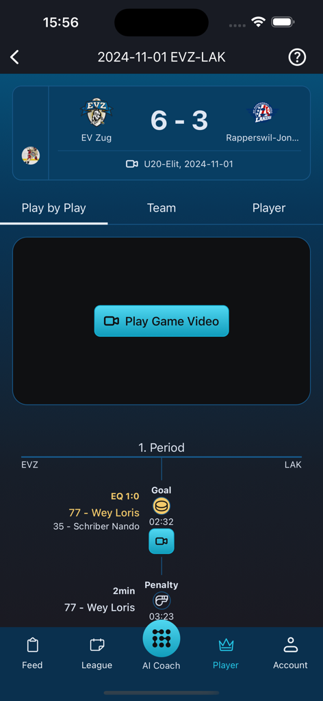 Hockey AI - Mobile screen of Hockey AI app displaying a play-by-play timeline for a hockey match with score and video play button