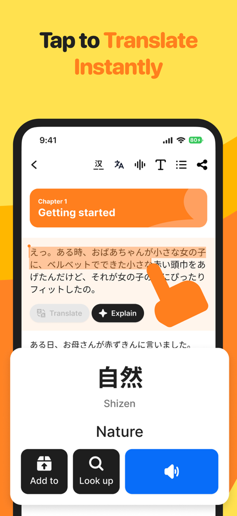 Sensei: Learn Japanese JLPT - Sensei-App-Bildschirm, der zeigt, wie ein Benutzer auf ein japanisches Wort tippt, um eine sofortige Übersetzung und Definition in einem Popup-Fenster zu erhalten