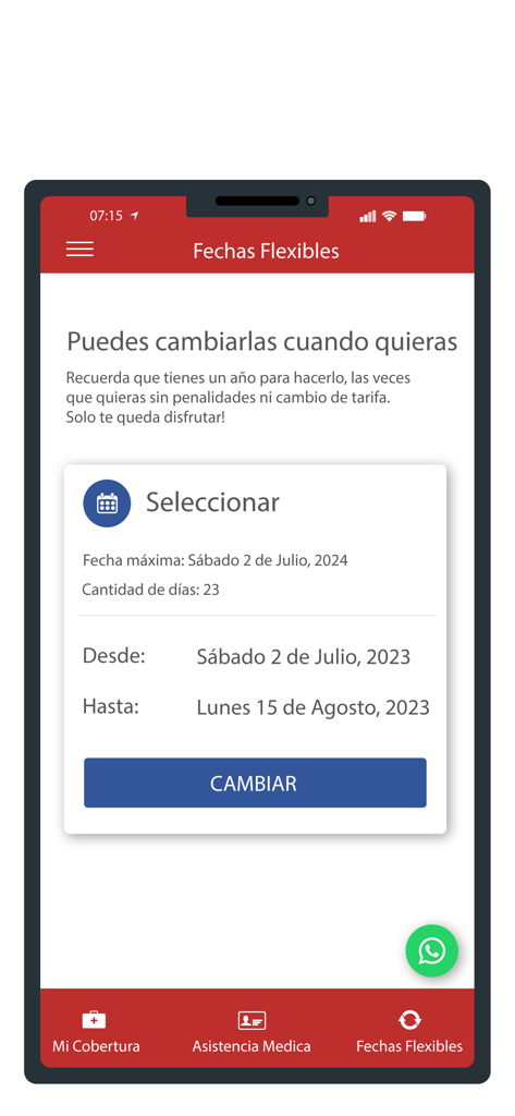 Safe Travel Assistance - 안전 여행 지원 앱에서 유연한 여행 날짜 관리 및 변경 버튼을 보여주는 화면