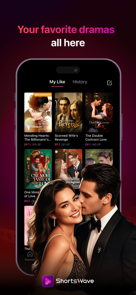 ShortsWave mobile app interface showing various drama series titles like Scorned Wifes Revenge and The Double Contract Love