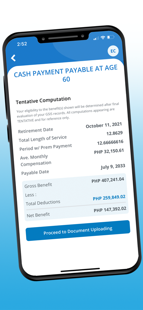 GSIS Touch - Pantalla de la aplicación móvil GSIS Touch que muestra un cálculo tentativo de beneficio de jubilación con montos de beneficio bruto y neto.