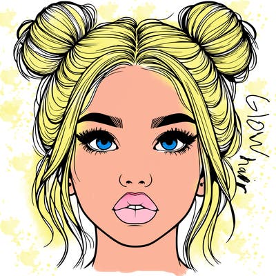 realistic girl with two buns on her hair and lips