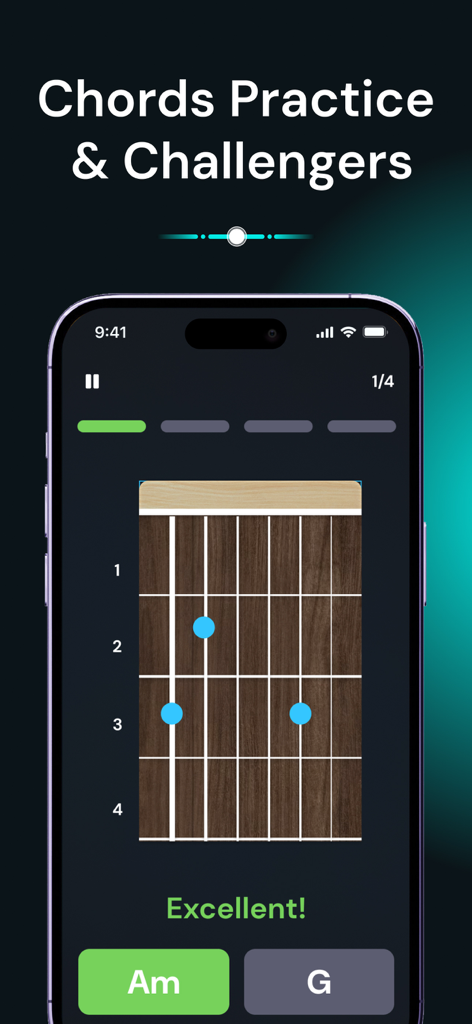 Interfaz de aplicación móvil que muestra un juego de práctica de acordes de guitarra con un diagrama de diapasón para La menor