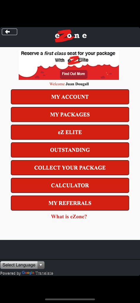 eZone App - eZone mobile app dashboard featuring a menu with options for package tracking and account management