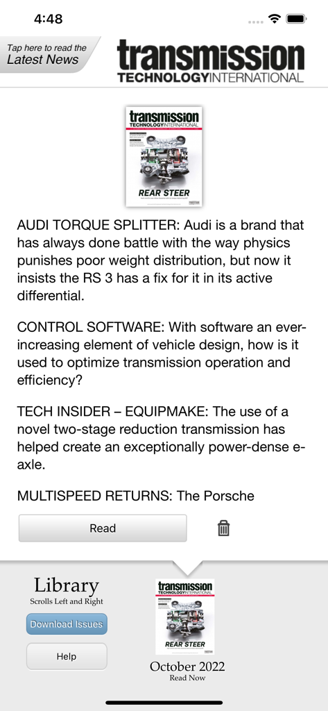 Automotive Powertrain Tech Int - 技術的なパワートレイン記事を特集したTransmission Technology International雑誌のモバイルアプリインターフェース