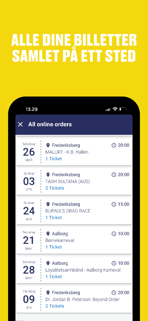 Eventim Norge - Eventim Norge app interface displaying a list of purchased online event tickets.