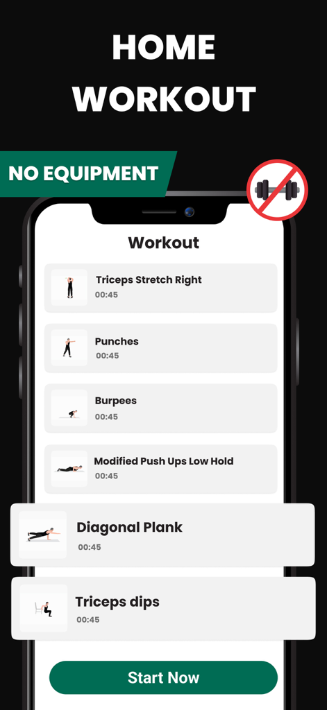 Daily Arm Workout at Home - Pantalla de la aplicación Rutina Diaria de Brazos que muestra una lista de ejercicios en casa, incluyendo fondos de tríceps y burpees