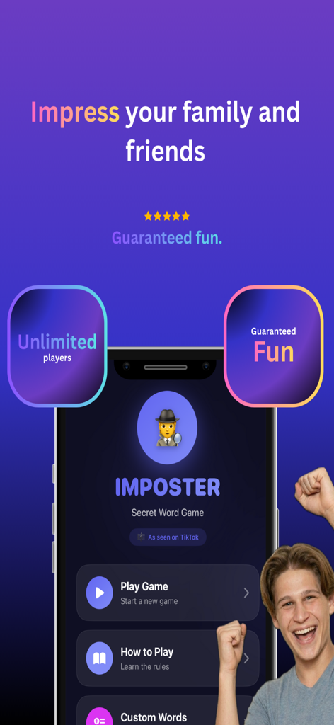 Imposter - Party Word Game - 紫色の背景にプレイボタンと説明ボタンが表示されているインポスターパーティーワードゲームのメインメニュー