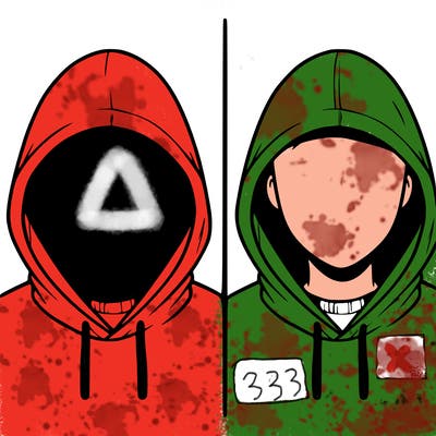 a person with a hoodie and no face, the drawing is split in 2